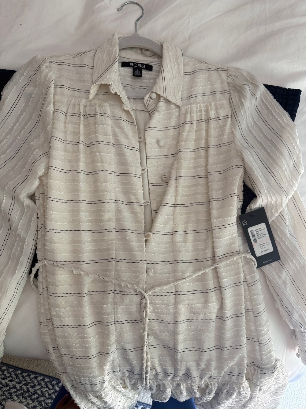 BCBG Cream Striped Drawstring Peasant Blouse